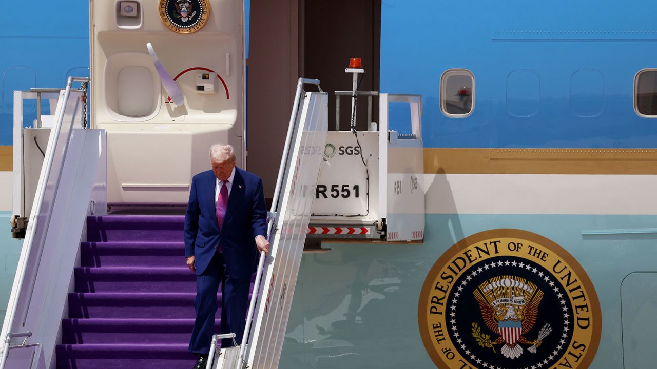 President Donald Trump disembarks from Air Force One as he arrives at King Khalid International Airport on May 13, 2025, in Riyadh, Saudi Arabia.