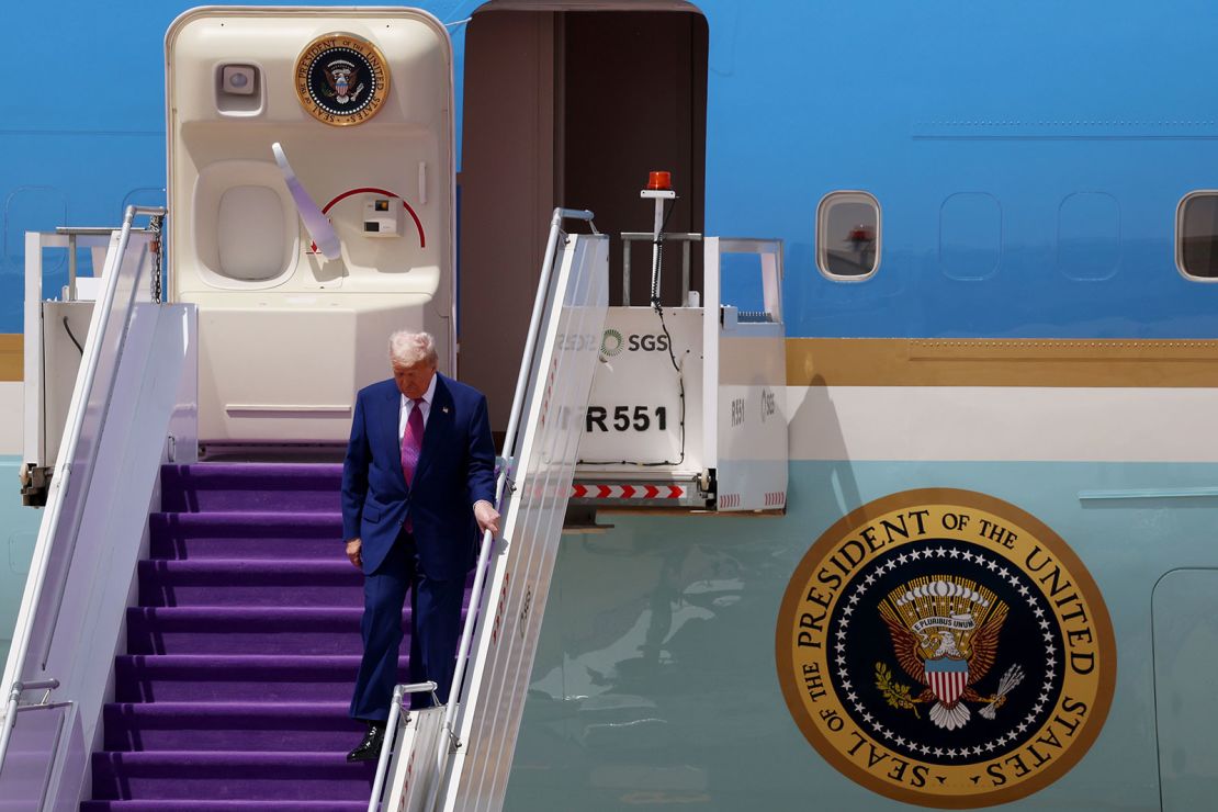 US President Donald Trump disembarks from Air Force One as he arrives at King Khalid International Airport on May 13, 2025, in Riyadh, Saudi Arabia.