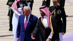 RIYADH, SAUDI ARABIA - MAY 13: U.S. President Donald Trump is greeted by Saudi Crown Prince Mohammed bin Salman as he arrives at King Khalid International Airport on May 13, 2025, in Riyadh, Saudi Arabia. Trump begins a multi-nation tour of the Gulf region focused on expanding economic ties and reinforcing security cooperation with key U.S. allies. (Photo by Win McNamee/Getty Images)