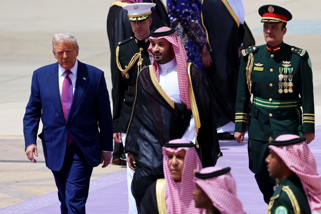 President Donald Trump is greeted by Saudi Crown Prince Mohammed bin Salman as he arrives at King Khalid International Airport on May 13, 2025, in Riyadh, Saudi Arabia.