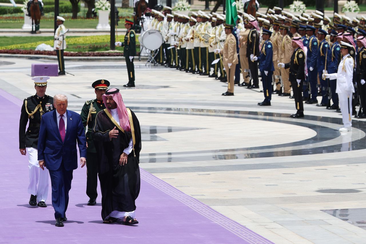 US President Donald Trump walks with Saudi Crown Prince Mohammed bin Salman during an official state arrival ceremony at the Saudi Royal Court in Riyadh, Saudi Arabia, on Monday.