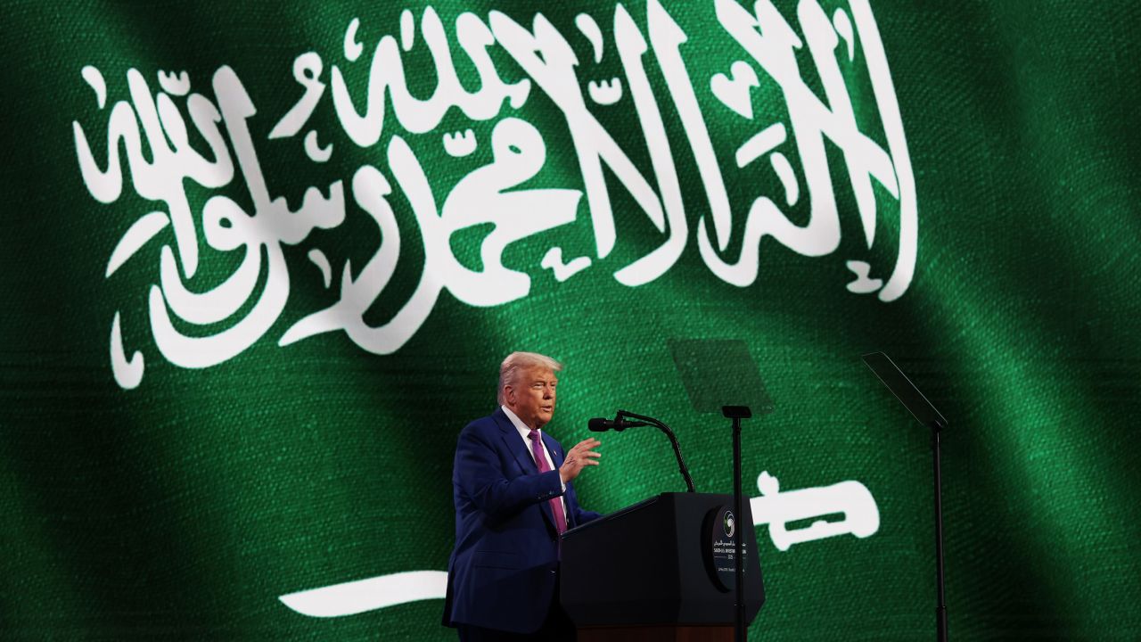President Donald Trump addresses the audience at the King Abdul Aziz International Conference Center in Riyadh, Saudi Arabia, on Tuesday.