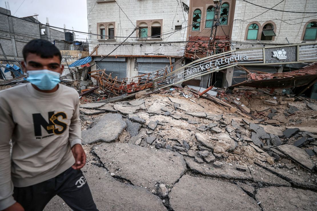 A view of a decimated street near the European Hospital following the Israeli attack in Khan Younis on Tuesday May 13.