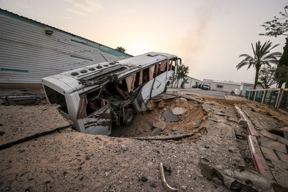 A destroyed bus after the Israeli attack in Khan Younis, Gaza on May 13.