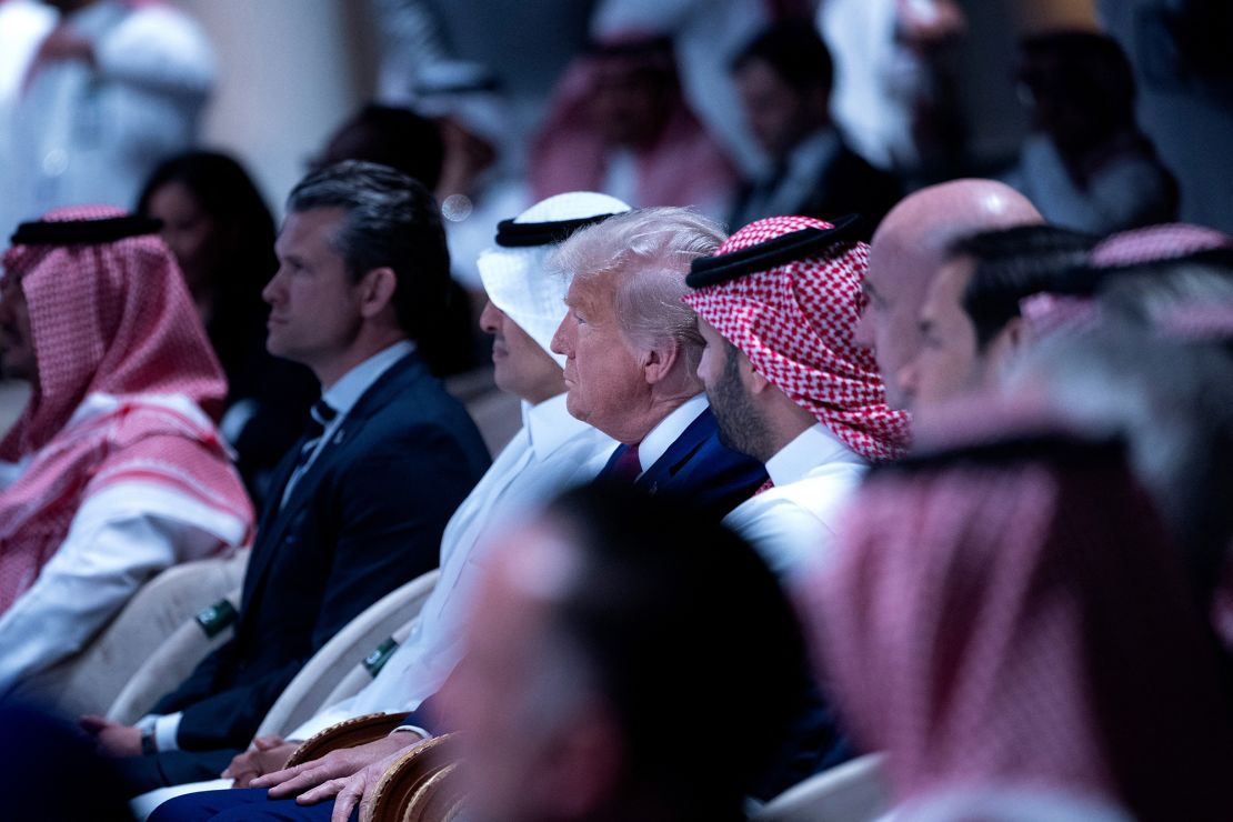 US President Donald Trump, Saudi Crown Prince Mohammed Bin Salman and others listen during a Saudi-US investment forum at the King Abdul Aziz International Conference Center on May 13, 2025, in Riyadh, Saudi Arabia.