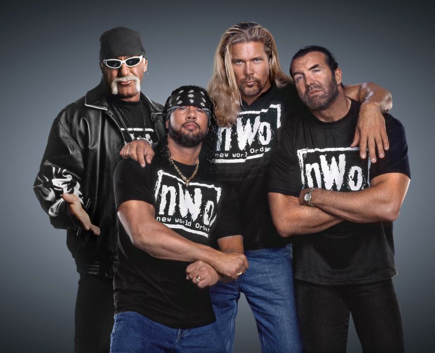Hogan's character joined the villainous New World Order faction while he was in WCW. With Hogan, from left, are X-Pac, Kevin Nash and Scott Hall.