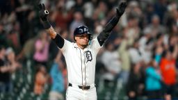 DETROIT, MICHIGAN - MAY 13: Javier Báez #28 of the Detroit Tigers reacts after hitting a three-run home run during the bottom of the eleventh inning, winning the game against the Boston Red Sox at Comerica Park on May 13, 2025 in Detroit, Michigan. (Photo by Nic Antaya/Getty Images)