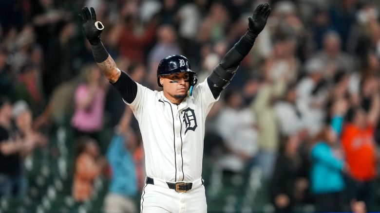 DETROIT, MICHIGAN - MAY 13: Javier Báez #28 of the Detroit Tigers reacts after hitting a three-run home run during the bottom of the eleventh inning, winning the game against the Boston Red Sox at Comerica Park on May 13, 2025 in Detroit, Michigan. (Photo by Nic Antaya/Getty Images)