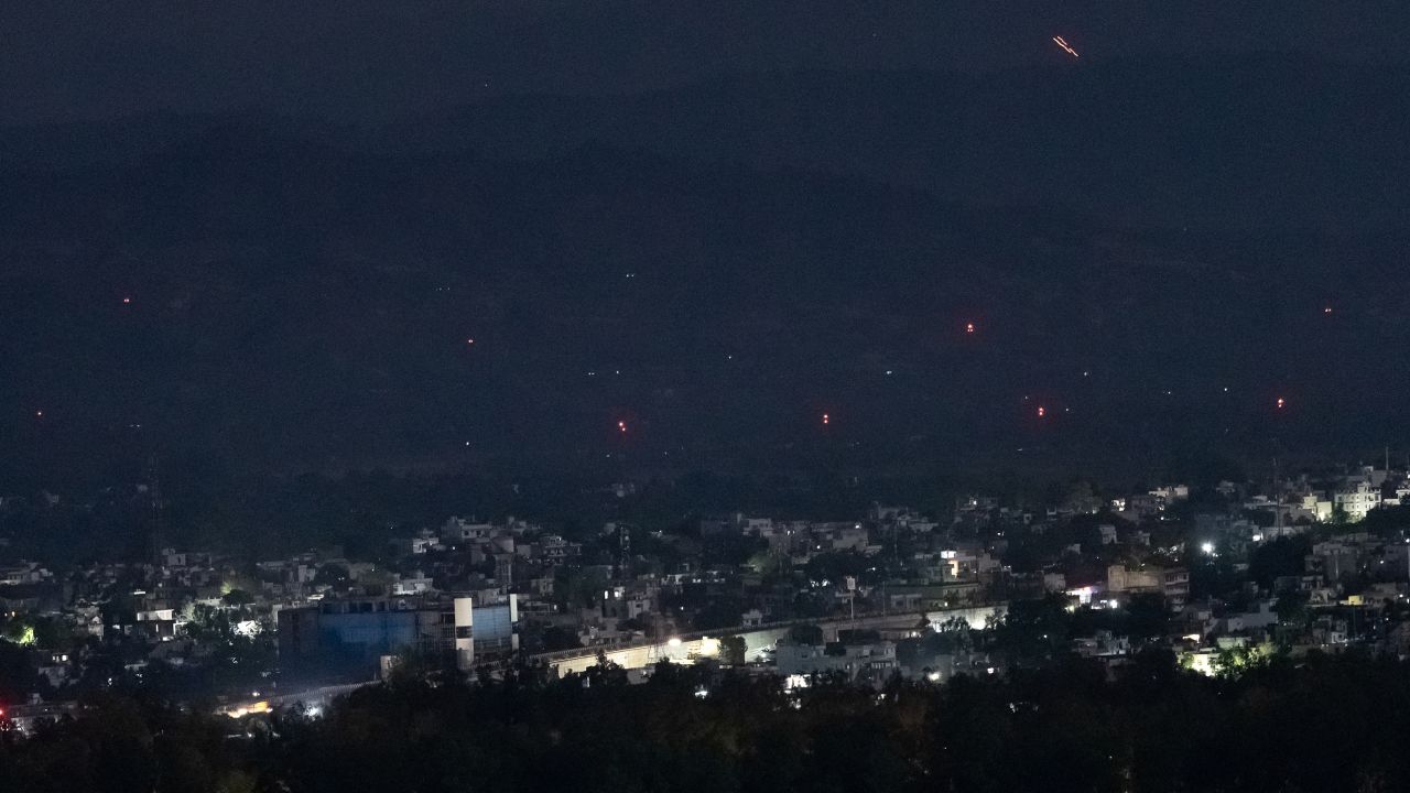 Streaks of light illuminate the sky as Indian air defence systems engage hostile objects on May 10, 2025 in Jammu, India. Tensions between India and Pakistan have sharply escalated following India's targeted strikes on alleged "terrorist infrastructure" inside Pakistan, which were carried out in retaliation for a deadly attack in Indian-administered Kashmir last month. Both sides have since exchanged drone and missile attacks along the border, resulting in dozens of fatalities and widespread disruption, with each nation vowing further action while international mediators urge de-escalation.