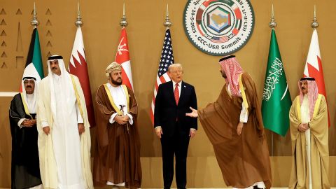 RIYADH, SAUDI ARABIA - MAY 14: U.S. President Donald Trump (3R) and Saudi Crown Prince Mohammed bin Salman (2R) prepare to pose for photos with leaders during the Gulf Cooperation Council (GCC) Leaders’ Summit at The Ritz-Carlton on May 14, 2025 in Riyadh, Saudi Arabia. Others seen here are (L to R): Sheikh Mishal Al Ahmed Al Sabah of Kuwait; Sheikh Tamim bin Hamad al-Thani of Qatar; Deputy Prime Minister of Oman Asad bin Tariq Al Said; and King Hamad bin Isa Al Khalifa of Bahrain (far right). The council addresses regional stability, defense cooperation, and energy policy among Gulf nations. Trump is on a multi-nation tour of the Gulf region focused on expanding economic ties and reinforcing security cooperation with key U.S. allies. (Photo by Win McNamee/Getty Images)