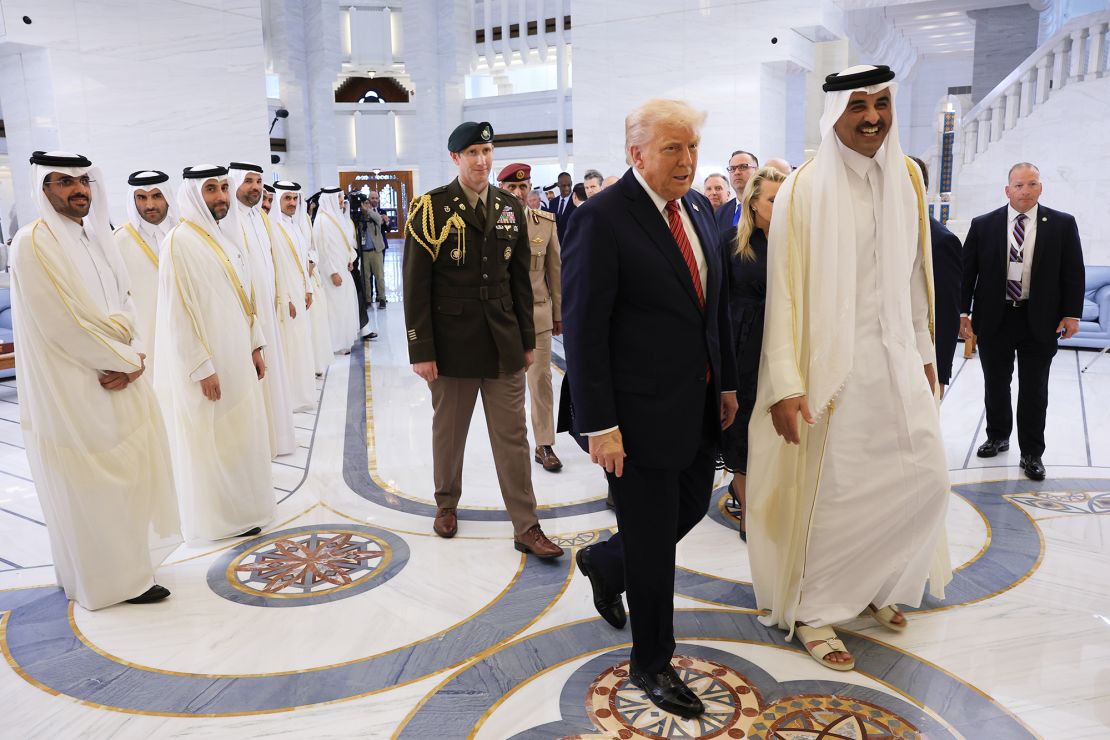 US President Donald J. Trump participates in an arrival ceremony with Emir of Qatar Tamim bin Hamad al Thani at the Amiri Diwan, the official workplace of the emir, in Doha, Qatar on Wednesday.