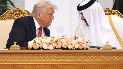 DOHA, QATAR - MAY 14: U.S. President Donald J. Trump and Emir of Qatar Tamim bin Hamad al Thani attend a g ceremony at the Amiri Diwan, the official workplace of the emir, on May 14, 2025, in Doha, Qatar. The visit underscores the strategic partnership between the United States and Qatar, focusing on regional security and economic collaboration. (Photo by Win McNamee/Getty Images)