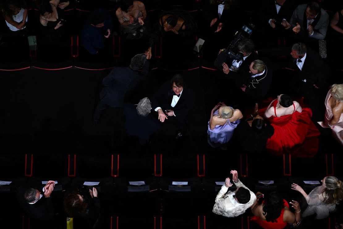 Tom Cruise looks up ahead of the screening of the film "Mission: Impossible - The Final Reckoning" at the 78th edition of the Cannes Film Festival in Cannes, southern France, on May 14, 2025.