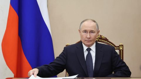 In this pool photograph distributed by the Russian state agency Sputnik, Russia's President Vladimir Putin holds a meeting on the  direct peace talks with Ukraine, set to be held in Istanbul, in Moscow on May 14, 2025. (Photo by Alexander KAZAKOV / POOL / AFP) (Photo by ALEXANDER KAZAKOV/POOL/AFP via Getty Images)          