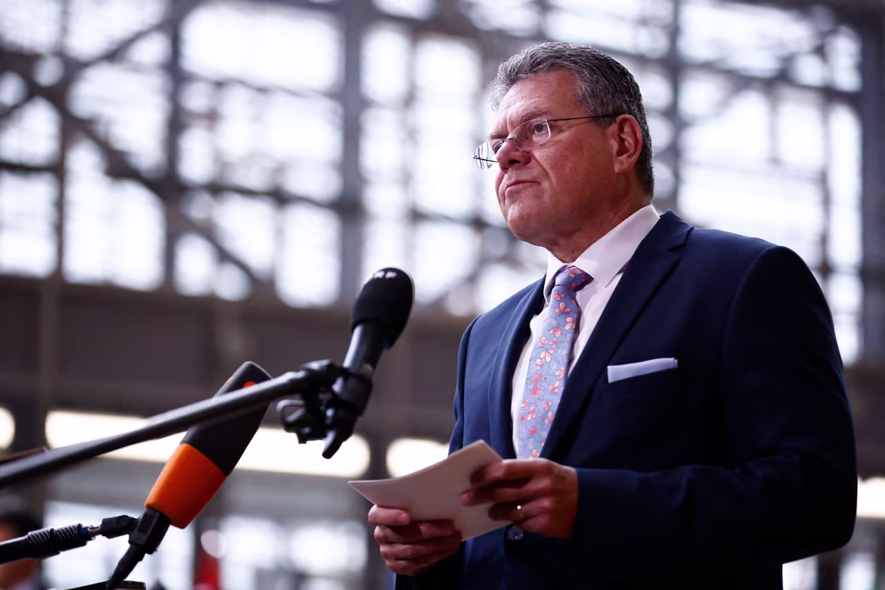 EU Commissioner for Trade and Economic Security Maroš Šefčovič addresses the media in Brussels on May 15.