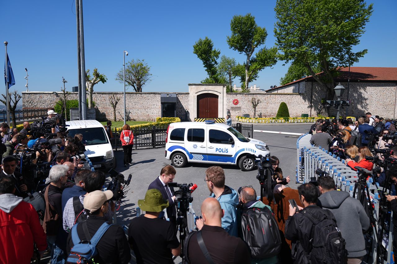 Members of press wait outside Dolmabahce Presidential Office for the start of Ukraine-Russia peace talks in Istanbul, Turkey, on Thursday.