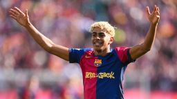 Lamine Yamal of FC Barcelona celebrates after the teams 4-3 victory in the LaLiga match between FC Barcelona and Real Madrid CF at Estadi Olimpic Lluis Companys on May 11, 2025 in Barcelona, Spain.