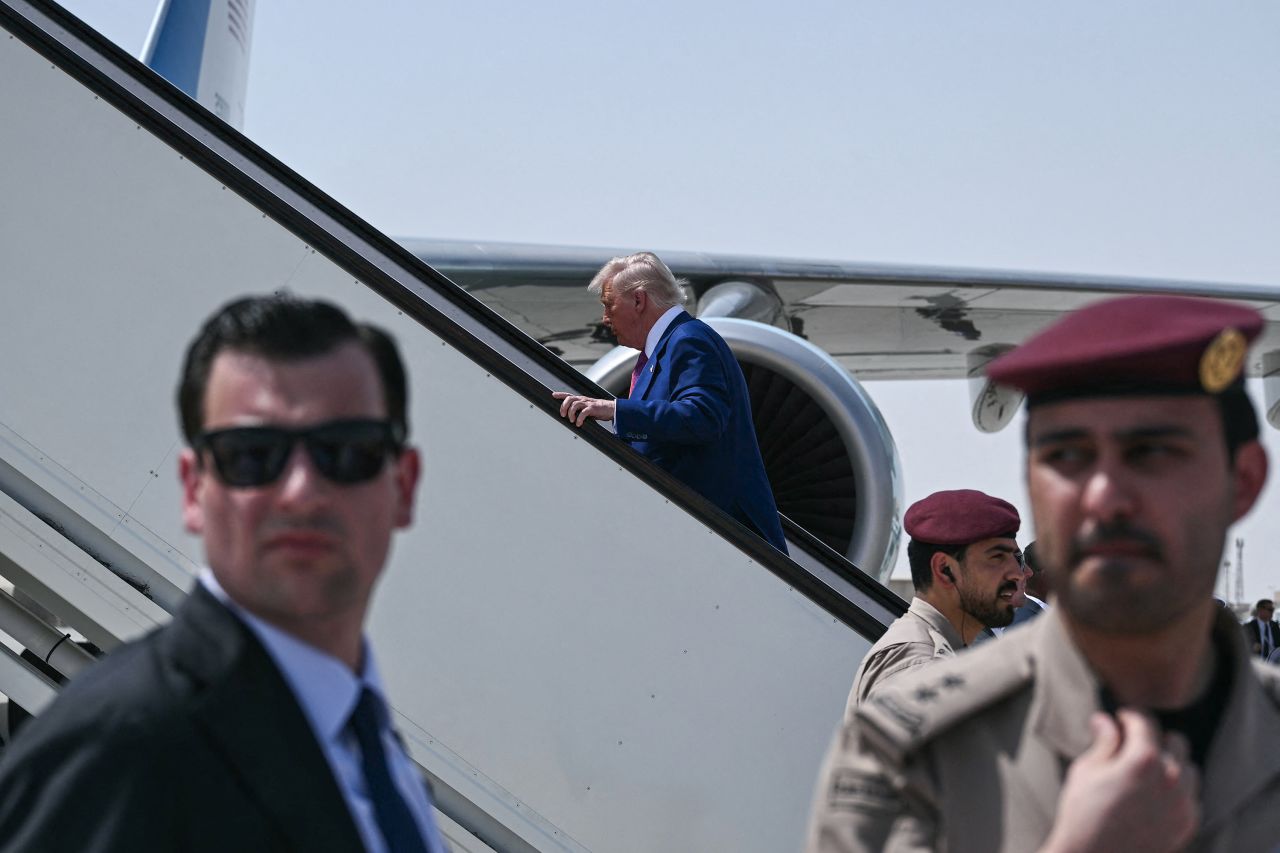 President Donald Trump boards Air Force One in Doha, Qatar, on Thursday.