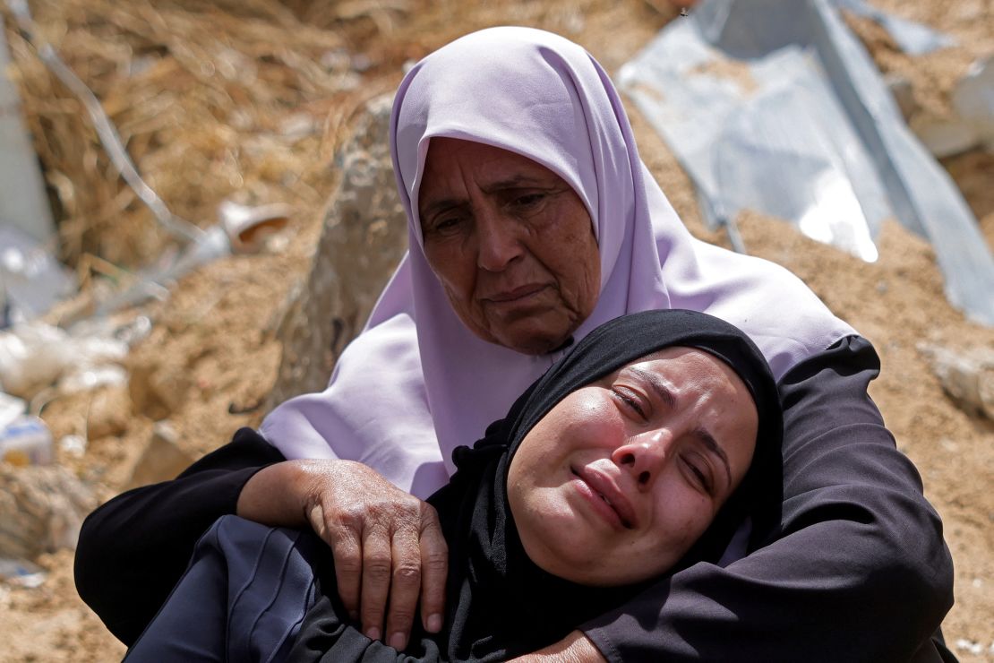 Women mourn for a loved one killed in Israeli strikes on Jabalya, at the Indonesian hospital in Beit Lahia, in the northern Gaza Strip on May 15, 2025.