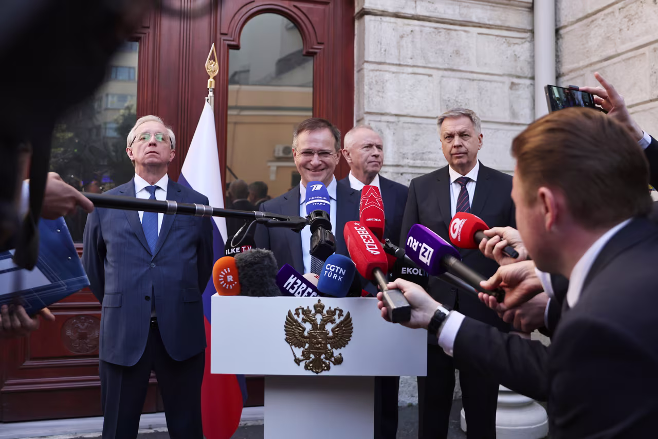 Kremlin aide Vladimir Medinsky, center, speaks to reporters with other members of a Russian delegation ahead of a planned meeting between Ukrainian, American and Russian delegates in Istanbul, Turkey, on Thursday.