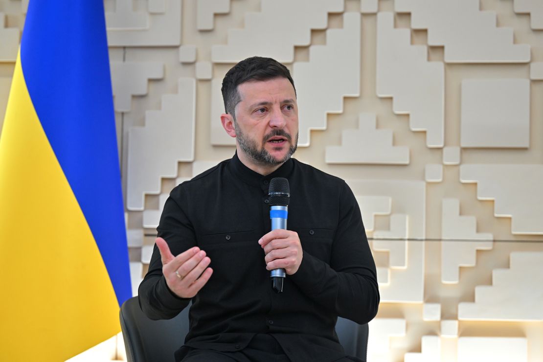 Ukrainian President Volodymyr Zelenskyy makes a speech during a press conference at the Embassy of Ukraine in Ankara on May 15, 2025.