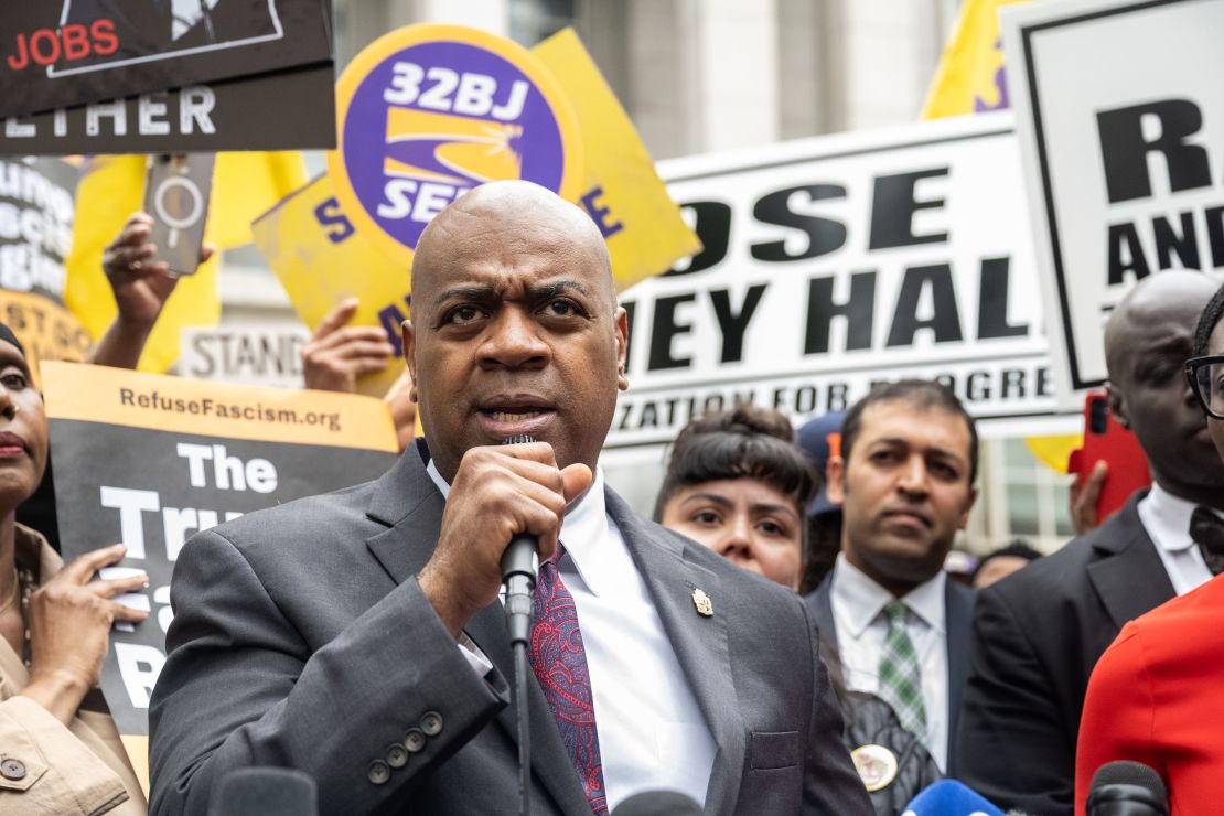 Ras Baraka, Mayor of Newark, speaks to the media and supporters after exiting the courthouse on May 15, 2025 in Newark, New Jersey.