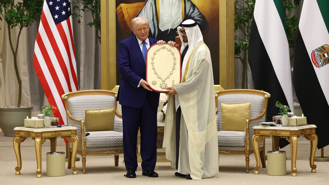 ABU DHABI, UNITED ARAB EMIRATES - MAY 15: U.S. President Donald J. Trump receives the Order of Zayed, the country's highest civilian award during a bilateral meeting with UAE President Sheikh Mohamed bin Zayed Al Nahyan at Qasr al Watan (Palace of the Nation) on May 15, 2025, in Abu Dhabi, United Arab Emirates. Trump is on the third day of his visit to the Gulf to underscore the strategic partnership between the United States and regional allies including the UAE, focusing on security and economic collaboration. (Photo by Win McNamee/Getty Images)