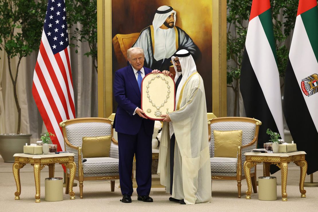 US President Donald J. Trump receives the Order of Zayed, the country's highest civilian award during a bilateral meeting with UAE President Sheikh Mohamed bin Zayed Al Nahyan at Qasr al Watan (Palace of the Nation) in Abu Dhabi, United Arab Emirates on Thursday.