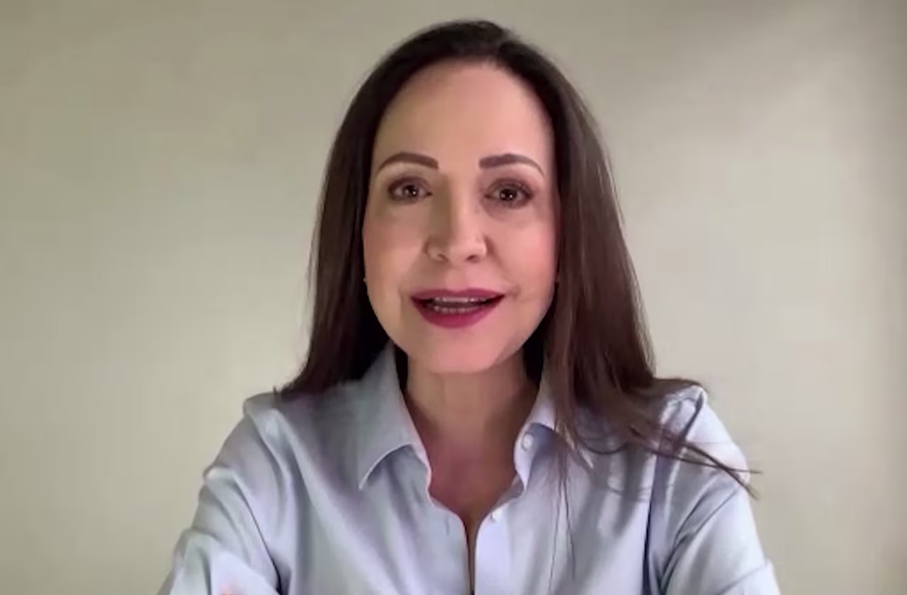 Screen grab shows Venezuela's opposition leader Maria Corina Machado during an interview via Zoom in Caracas on May 15.
