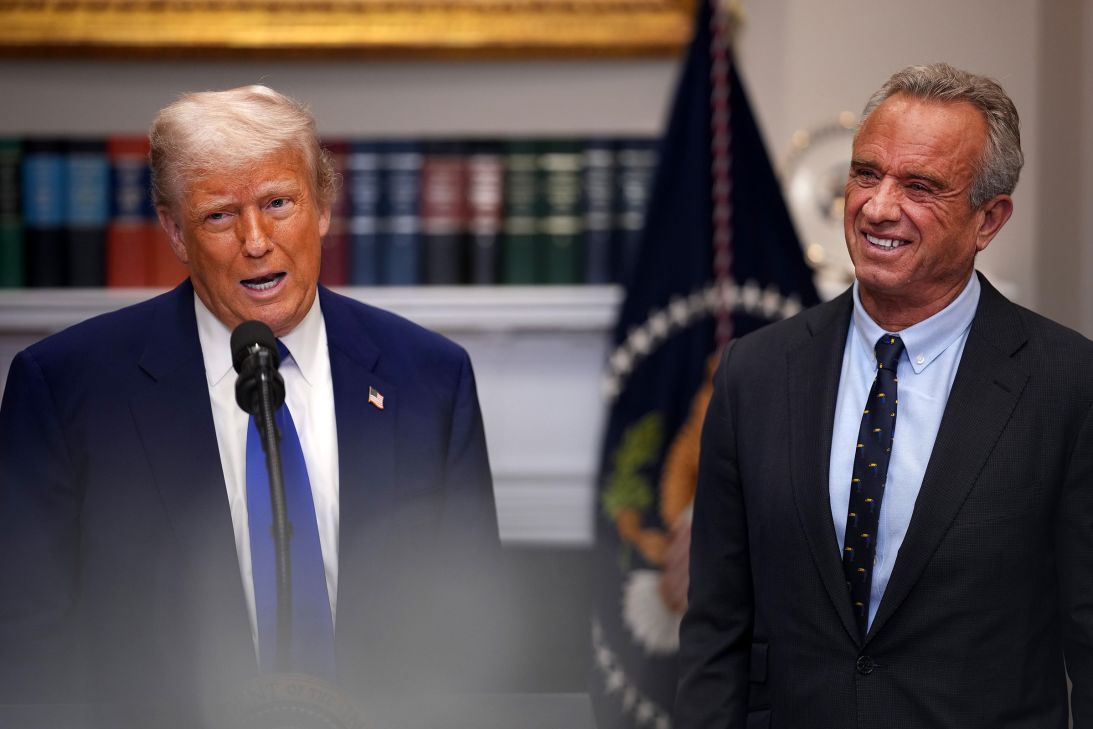 President Donald Trump is joined by Health and Human Services Secretary Robert F. Kennedy Jr. during a press conference in the Roosevelt Room of the White House on May 12, 2025.