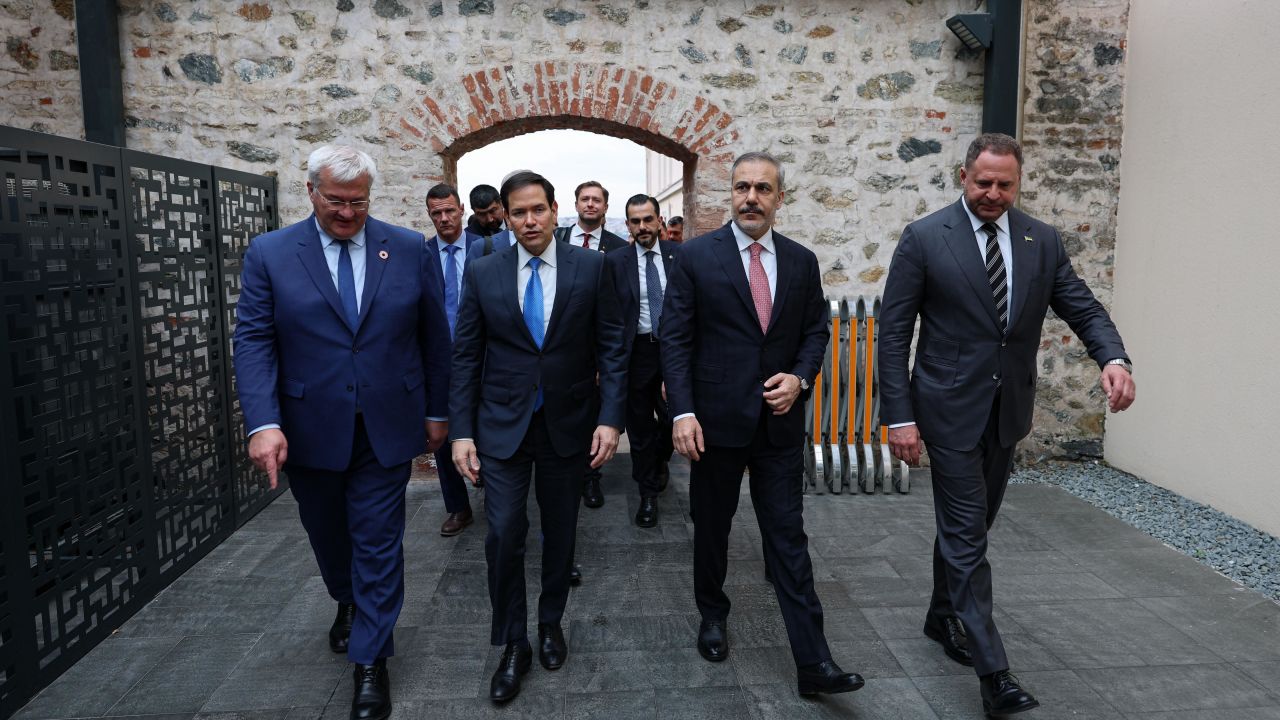 ISTANBUL, TURKEY - MAY 16: (EDITOR’S NOTE: This Handout image was provided by a third-party organization and may not adhere to Getty Images’ editorial policy.) In this handout image provided by the Turkish Foreign Ministry, Turkish Foreign Minister Hakan Fidan (2R), US Secretary of State Marco Rubio (2L) and Head of the Office of the President of Ukraine Andrii Yermak (R) attend the Turkiye-US-Ukraine Trilateral meeting as Ukrainian, American and Russian delegates meet for peace talks at the office of Turkish President in Dolmabahce Palace on May 16, 2025 in Istanbul, Turkey. Under pressure from the United States to negotiate with Russia, President Zelensky had challenged Russian President Vladimir Putin to meet him in Turkey for direct negotiations, although Putin declined the invitation. US Secretary of State Marco Rubio has arrived in Turkey to attend the talks, but has said that US President Donald Trump and Russian President Vladimir Putin need to meet for progress to be made. (Handout photo by Arda Kucukkaya/Turkish Foreign Ministry via Getty Images)