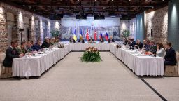 ISTANBUL, TURKIYE - MAY 16: Turkish Foreign Minister Hakan Fidan chairs Turkiye-Russia-Ukraine Trilateral Meeting at Dolmabahce Presidential Office in Istanbul, Turkiye on May 16, 2025. (Photo by Arda Kucukkaya/Anadolu via Getty Images)