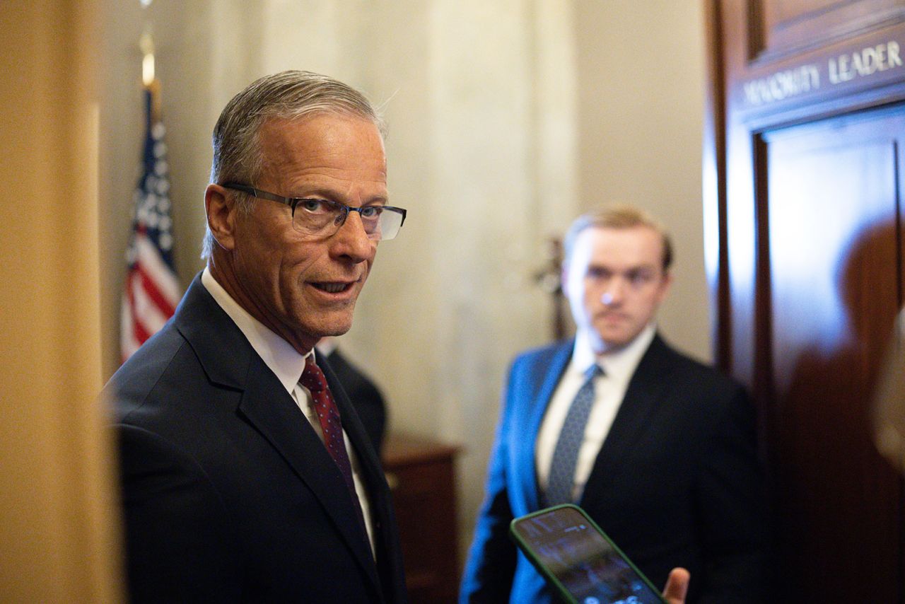 Senate Majority Leader John Thune speaks to press after voting at the US Capitol on Monday.