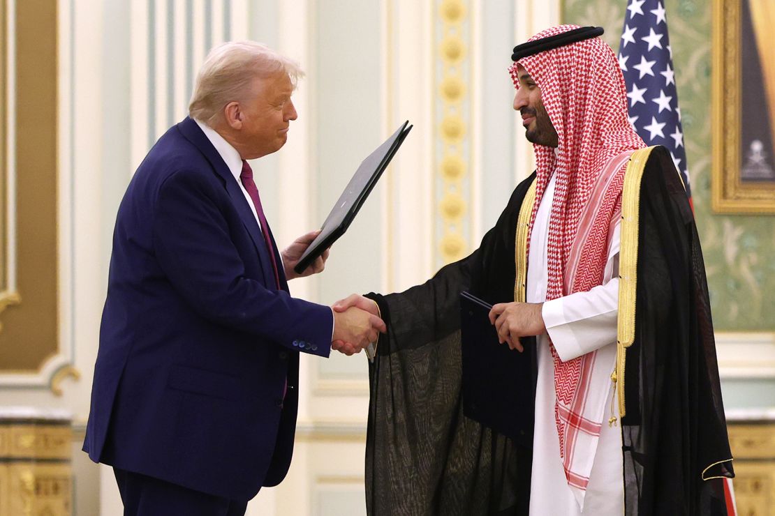 US President Donald J. Trump and Saudi Crown Prince Mohammed bin Salman attend a signing ceremony at the Saudi Royal Court in Riyadh, Saudi Arabia on Tuesday.