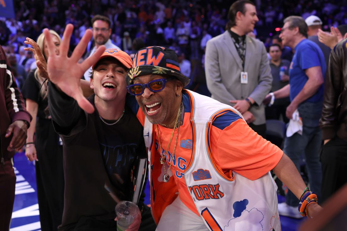 Actor Timothée Chalamet and director Spike Lee celebrate together after a Knicks playoff win on May 12.