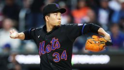 NEW YORK, NEW YORK - MAY 13:  Kodai Senga #34 of the New York Mets pitches against the Pittsburgh Pirates during their game at Citi Field on May 13, 2025 in New York City. (Photo by Al Bello/Getty Images)