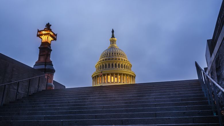 The U.S. Capitol Dome is framed in the visitor center steps early in the morning on May 14, 2025, in Washington, DC.