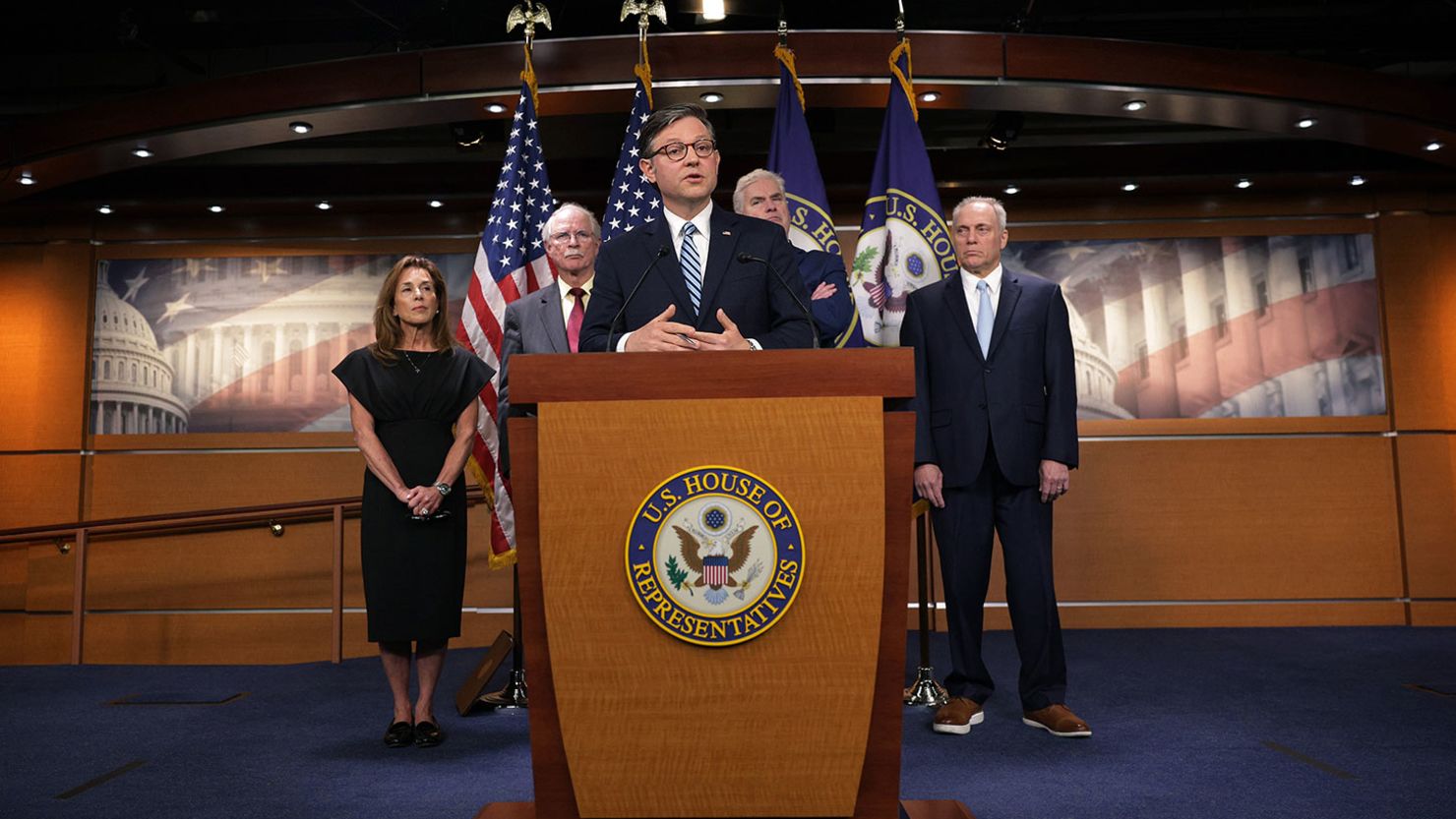 House Speaker Mike Johnson speaks during a news conference at the US Capitol, May 14, 2025.