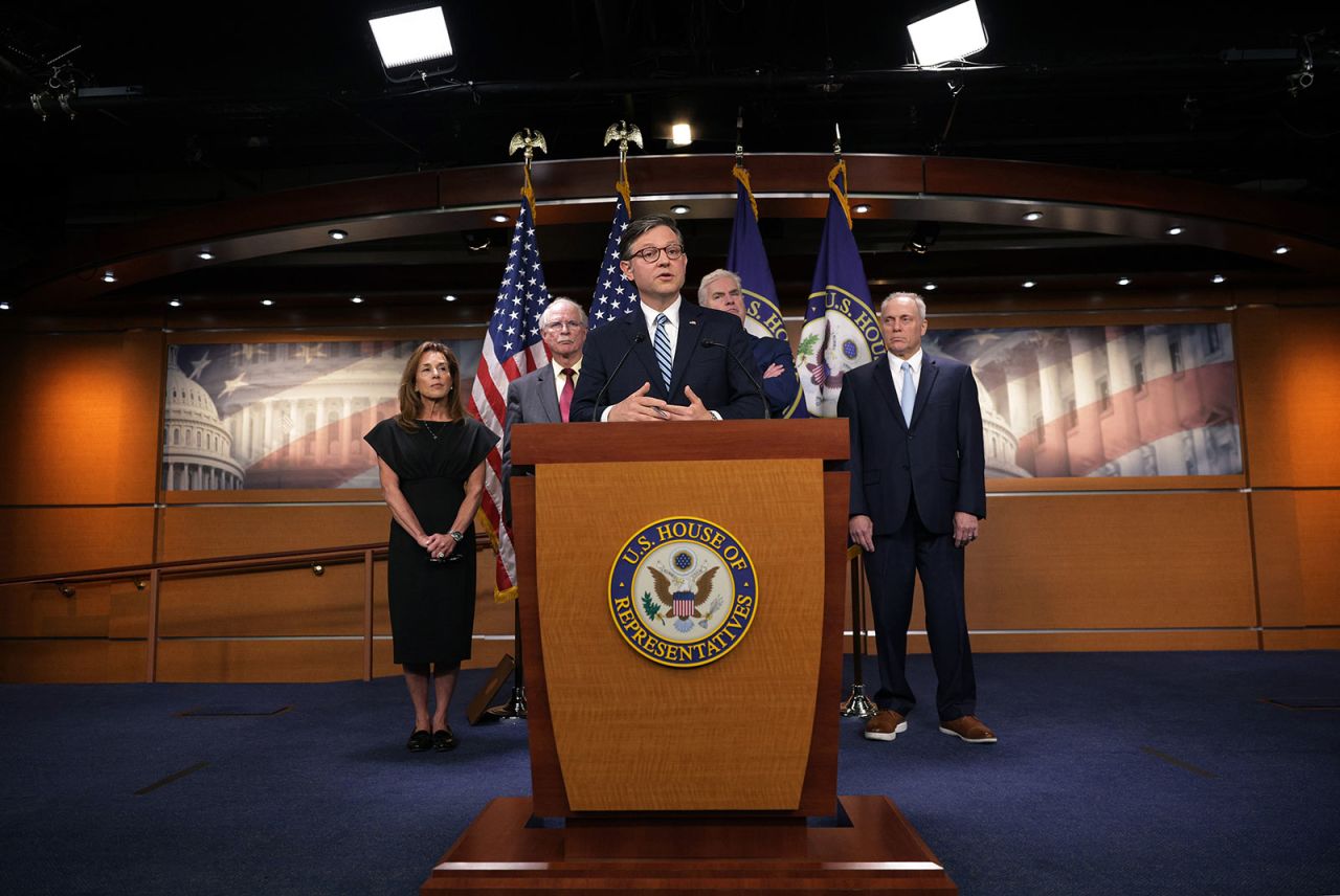 Speaker of the House Rep. Mike Johnson speaks as, from left , House Republican Conference Chair Rep. Lisa McClain, Rep. John Rutherford, House Majority Whip Rep. Tom Emmer and House Majority Leader Rep. Steve Scalise listen during a news conference at the US Capitol on Wednesday, in Washington, DC.