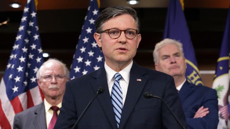 Speaker of the House Mike Johnson at a news conference in the US Capitol on May 14, 2025.