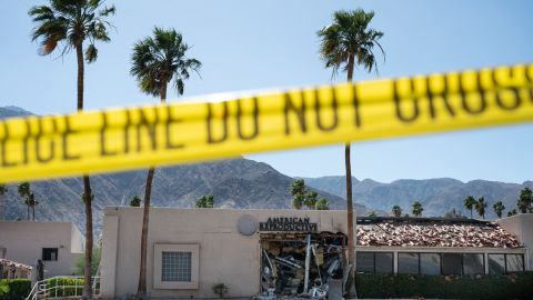 A police line is seen outside a damaged American Reproductive Centers fertility clinic after a bomb blast outside the building in Palm Springs, California, on May 17, 2025. A bomb blast outside a California fertility clinic killed one person Saturday, in what the US attorney general called an "unforgivable" attack. The blast ripped through downtown Palm Springs, badly damaging the clinic and blowing out the windows and doors of other nearby buildings. (Photo by Gabriel Osorio / AFP) (Photo by GABRIEL OSORIO/AFP via Getty Images)