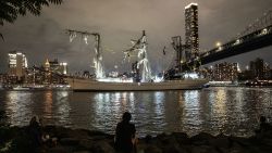 NEW YORK, NEW YORK - MAY 17: A disabled Mexican Navy tall ship floats between the Brooklyn and the Manhattan bridges on the East River on May 17, 2025 in New York City. The ship reportedly struck the Brooklyn Bridge as it was traveling north. (Photo by Stephanie Keith/Getty Images)