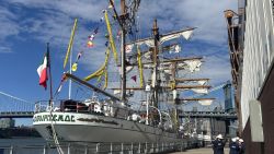 The Mexican Navy training ship that hit the Brooklyn Bridge sits moored in lower Manhattan on May 18, 2025 in New York City. Two people died and 19 others were injured after a Mexican Navy training ship hit the Brooklyn Bridge, New York City Mayor Eric Adams said Sunday. (Photo by Ana FERNÁNDEZ / AFP) (Photo by ANA FERNANDEZ/AFP via Getty Images)          