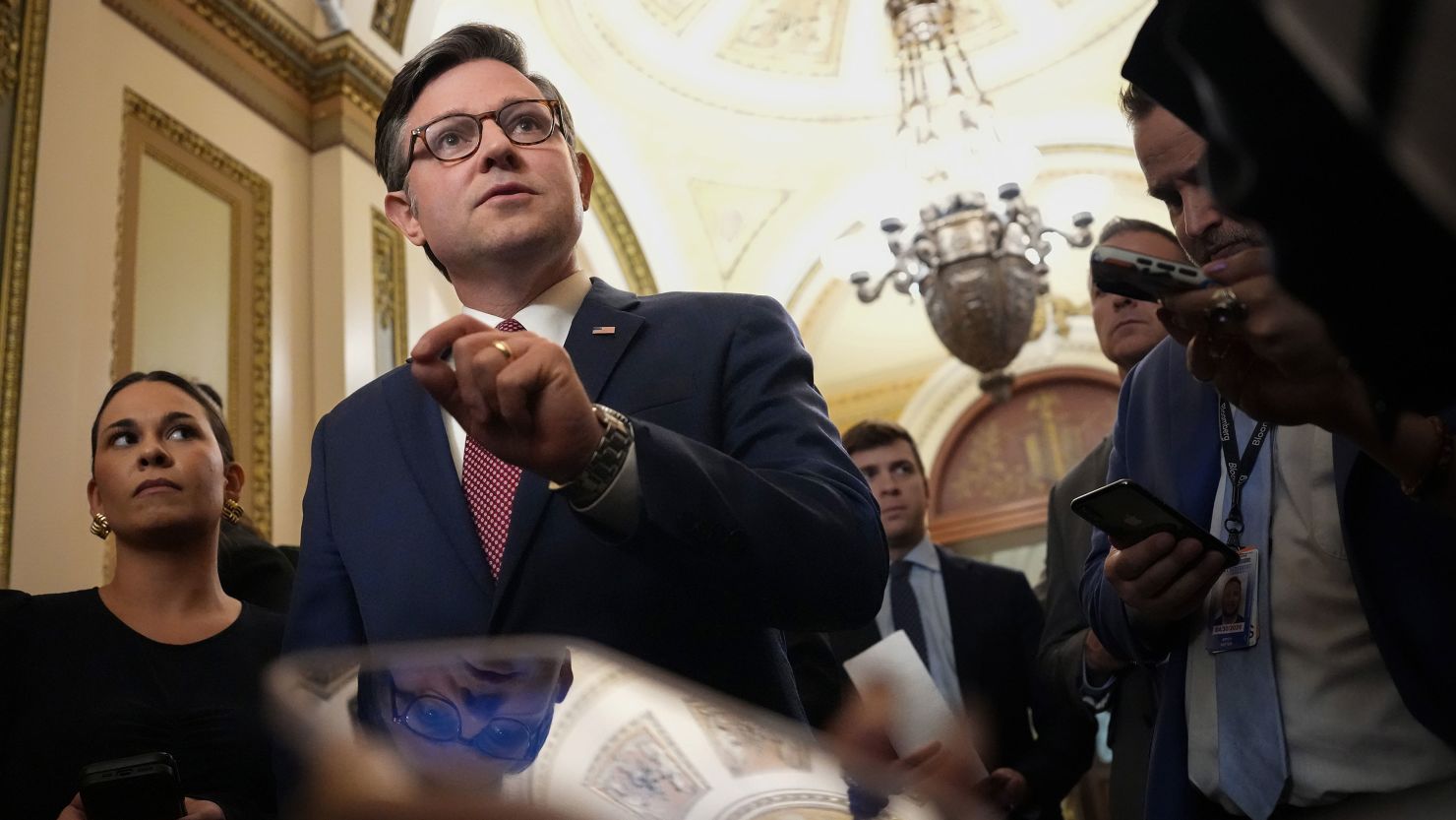 US Speaker Mike Johnson (R-LA) speaks to reporters as he leaves the House Chamber at the US Capitol on May 15, 2025. Despite disagreements within his own party, Speaker Johnson said he plans to bring the House Republican budget bill to the floor next week for a vote.