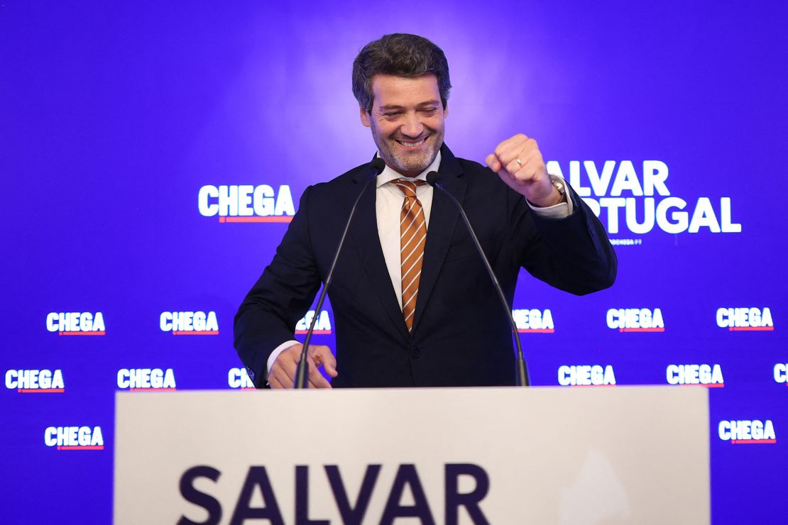 Leader of the far-right party, Chega Andre Ventura, delivers a speech during the election night at the party's headquarters in Lisbon early on May 19, 2025.