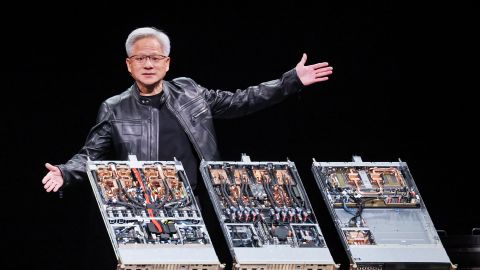 Nvidia co-founder and CEO Jensen Huang delivers the first keynote speech of Computex 2025 at the Taipei Music Center in Taipei on May 19, 2025.