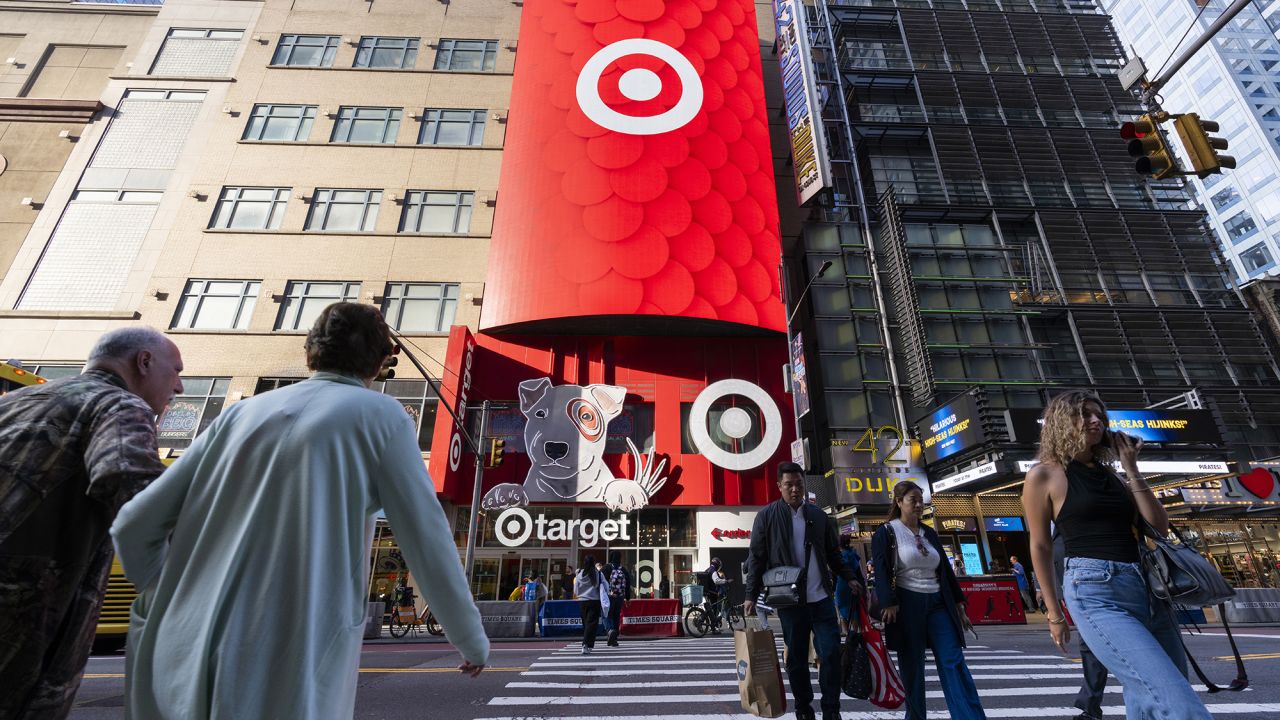 People walk in front of the Target Store in Times Square on May 15, 2025 in New York City.