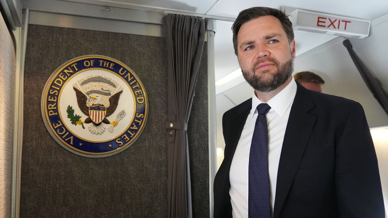 Vice President JD Vance talks to reporters on board of the Air Force Two at Leonardo da Vinci International Airport, in Rome, on May 19, 2025, after attending the inauguration of Pope Leo XIV at the Vatican. (Photo by Jacquelyn Martin / POOL / AFP) (Photo by JACQUELYN MARTIN/POOL/AFP via Getty Images)