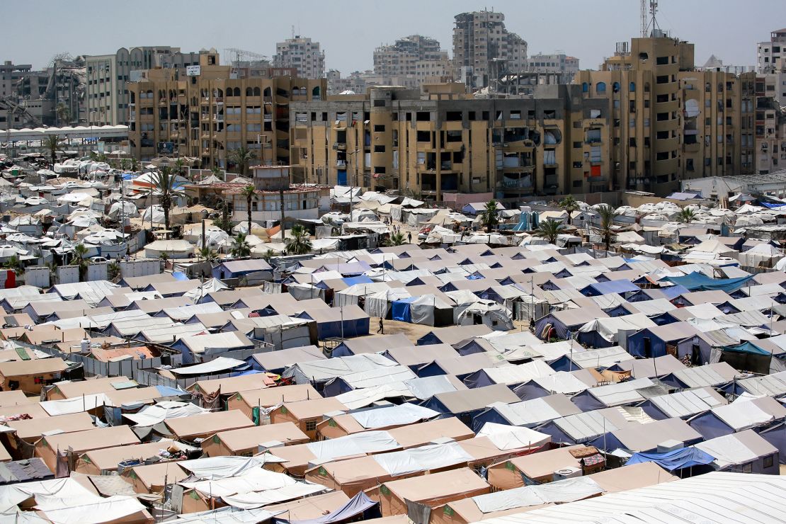Tents housing displaced Palestinians in Gaza City, on Tuesday. The UN says 80 per cent of Gaza amid the ongoing war between Israel and the Palestinian militant movement Hamas. Israel, pressing a newly expanded military offensive across the Gaza Strip, has faced mounting pressure including from key backer the United States to end the aid blockade it imposed on March 2.