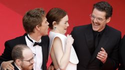 CANNES,  - MAY 16: (L-R) Ari Aster, Austin Butler, Emma Stone and Dominic Glynn react to a bee on the carpet at the "Eddington" red carpet during the 78th annual Cannes Film Festival at Palais des Festivals on May 16, 2025 in Cannes, . (Photo by Sebastien NogierPool/Getty Images)